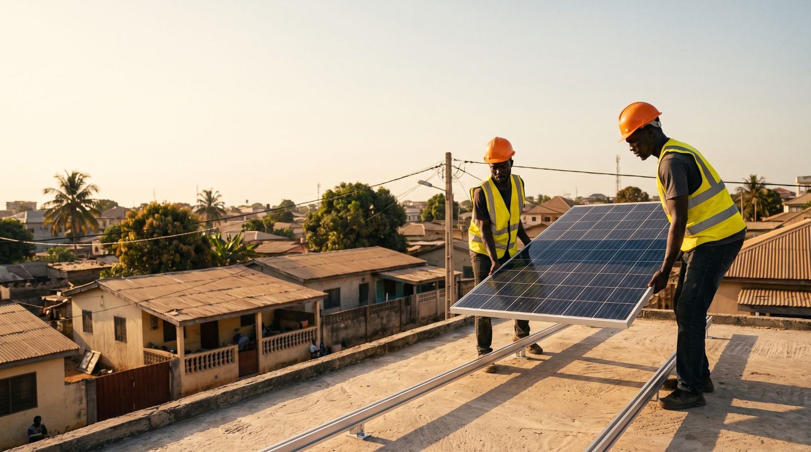 Deux installateurs posant un panneau solaire sur le toit-terrasse d'une maison, au-dessus d'un quartier de la ville
